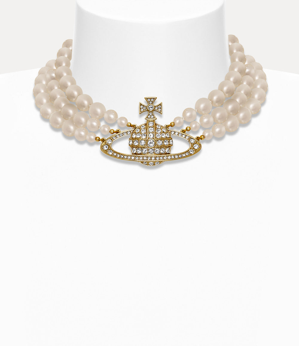 Three Row Pearl Bas Relief Choker Gold - 1
