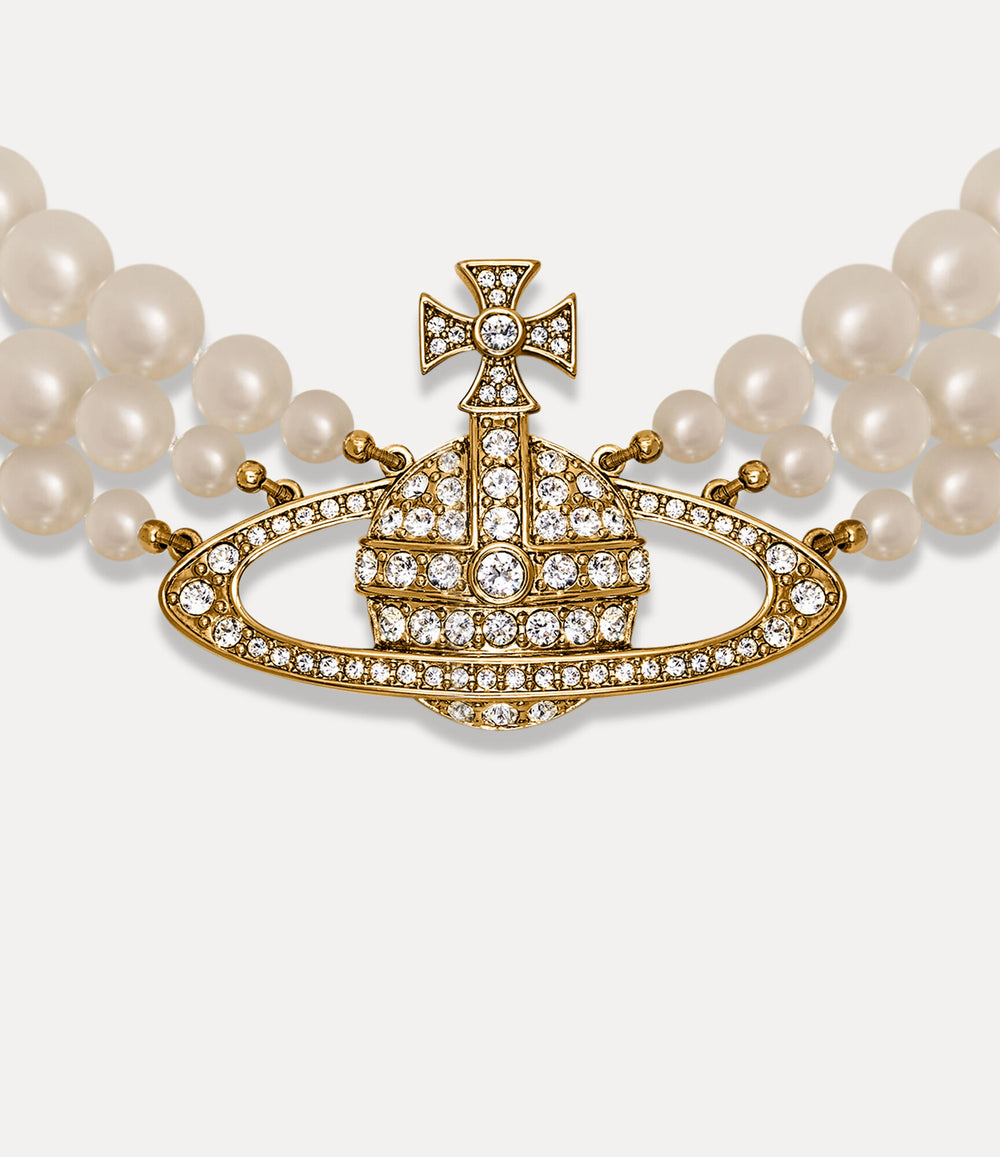 Three Row Pearl Bas Relief Choker Gold - 1